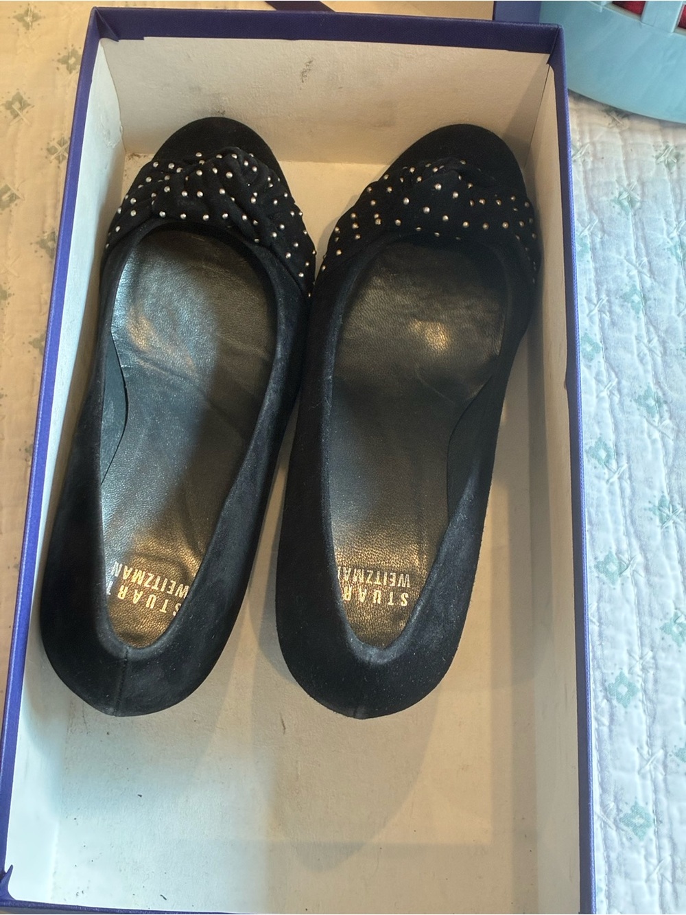 Nordstrom Black Suede Studded Bow Ballet Flats